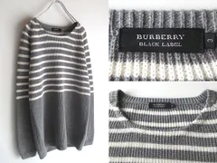 美品 BURBERRY BLACK LABEL バーバリーブラックレーベル ラグラン ボーダー 切替 コットンニット 3 グレー ホワイト 三陽商会正規品