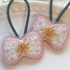 【キッズヘアゴム】人気𝐍𝐨. 𝟏キラキラビジューのりぼんヘアゴム 2つセット｜淡いピンク×ゴールド｜発表会・セレモニー・プレゼント・入園準備にも♡