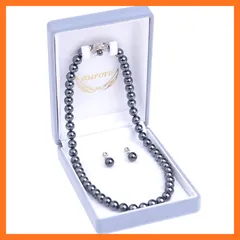 【新品】 [アウローラ] 8mm本貝パールネックレス 日本製 イヤリング ピアス 化粧箱 ３点セット (16インチ, ブラック・イヤリング) 0