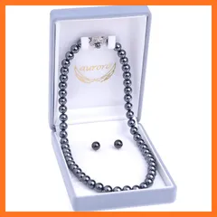 【新品】 [アウローラ] 8mm本貝パールネックレス 日本製 イヤリング ピアス 化粧箱 ３点セット (16インチ, ブラック・ピアス) 0