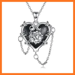 【新品】 [YFN] バラ ネックレス シルバー925 金属アレルギー対応 ゴシック 薔薇 ペンダント ばら ネックレス 黒いハート ロリータ アクセサリー 枯れないバラ rose 結婚記念日 花 0