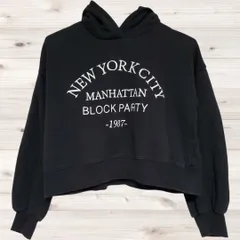 A1143 ジーユー GU パーカー 長袖 (M) 黒 プリントロゴ文字 綿/コットン フード