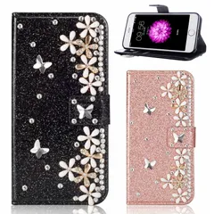 iPhone 12ProMax ケース 手帳タイプ 手帳型 ケース カバー 手帳タイプ ビジュー ラメ 蝶々 バタフライ 花 フラワー