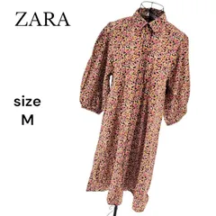【美品】ZARA ザラ パフスリーブ ひざ丈ワンピース フレア 花柄 総柄 コットン