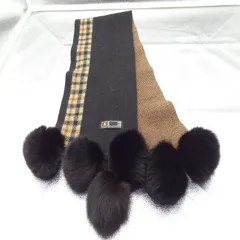 DAKS ボンボン付き ウールマフラー チェック柄 ファー ブラック ダックス
