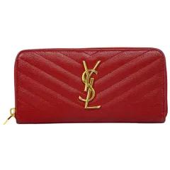 本物 サンローラン SAINT LAURENT YSL ロゴ カサンドラ キャビアスキン レザー ラウンドファスナー 長財布 ロングウォレット レッド 財布 ウォレット 中古・