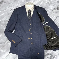 未使用級 3ピース セットアップ スーツ 総柄 2B 総裏 センターベント 開き見せ ネイビー系 紺色系 サイズL相当