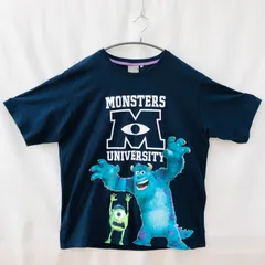 古着　DISNEY・PIXAR　ディズニー　ピクサー　MONSTERS　UNIVERSITY　モンスターズ・ユニバーシティ　Tシャツ　マイク　サリー　キャラクター　綿　紺　ネイビー　4L　ゆったり　リラックス　オーバーサイズ