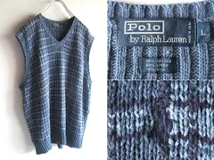 90sビンテージ Polo by Ralph Lauren ラルフローレン ロゴ刺繍 Vネック 前後切替 チェック コットンリネンシルクニット ベスト L USA企画