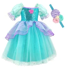 [TYHTYM] 子供用 プリンセス ドレス アリエルドレス キッズ (リトル・マーメイド風ドレス+ヘアバンド 2点セット ブルーワンピース コスプレ キッズコスチューム イベント ステージ衣装 変装 仮装 発表会 学園祭 文化祭 クリスマス/ハロウィン/po