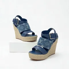 ルイヴィトン LOUIS VUITTON スターボードライン モノグラム サンダル 靴 シューズ デニム レザー ブルー ウェッジソール ストラップ
