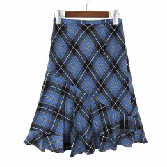 キース KEITH スカート フレアスカート 切替 チェック ウール フリル ミディ丈 S 36 青 ブルー マルチカラー
