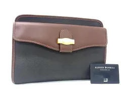 dunhill ダンヒル セカンドバッグ 二つ折り クラッチバッグ ダークグレー系 ブラウン系 PVC レザー メンズ ヘリンボーン柄 ゴールド金具 美品