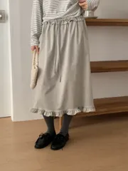 フラットスカート (ライトグレー、フリーサイズ、フリルスカート、ミディ丈、スウェード)