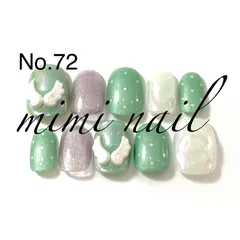 No.72 パールグリーン＆オーロラミラードットネイルチップ ハンドメイド ジェルコート済 マグネットネイル 羽ネイル