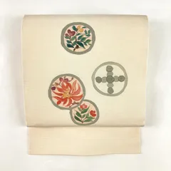 たんす屋 TANSU-YA リユース帯 帯 名古屋帯 クリーム カジュアル 染め 丸に花 手描き 絹 未洗い MS7049