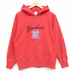 M/古着 長袖 スウェット パーカー メンズ 00年代 00s MLB ニューヨークヤンキース 刺繍 赤 メジャーリーグ ベースボール 野球 25dec12