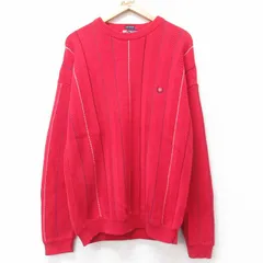 L/古着 ラルフローレン チャップス 長袖 ブランド セーター メンズ 90年代 90s ワンポイントロゴ ヘリンボーン 手織り コットン クルーネック 赤他 25dec12