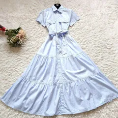 美品　近年モデル　現行　ポロラルフローレン　POLO RALPH LAUREN　ロング　シャツ　ワンピース　ティアード　フレア　コットン　ブロードクロス　シャツドレス　Aライン　ベルト付き　半袖　美シルエット　ライトブルー　水色　0　S