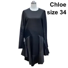 ●◇ クロエ Chloe フレアワンピース 長袖 膝下 異素材切替 フォーマル 黒 ウール シルク 34 XS～S 5-7号 レディース Z6B420のサムネイル