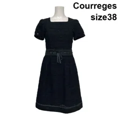 ◇ クレージュ Courreges ツイード風ワンピース 半袖 膝丈 Aライン スクエアネック 黒 ブラック コットン混 38 M 9号 レディース S6A475