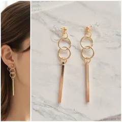 「ハンドメイド 2連フープとスティックの樹脂ノンホールピアス ゴールド」  可愛い  シンプル ナチュラル カジュアル モード デート イベント 推し活