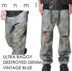 mnml  ULTRA BAGGY DESTROYED DENIM 【ヴィンテージ加工】【ウルトラバギーデニム】【ヴィンテージブルー】【裾溜め】【28〜32】