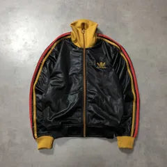 WQ1063● adidas：90’s トレフォイル刺繍 トラックジャケット ●● 黒/黄/赤 ヴィンテージ ジャージ アディダス