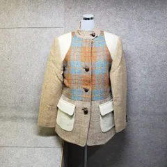 SCAPA スタンドカラージャケット チェック柄切替デザイン ブラウン系×ブルー系×ベージュ系 表記サイズ：40　y7222s