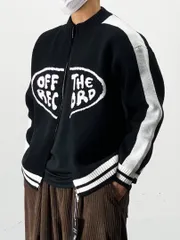 [ジップアップカーディガン] [オーバーサイズレタリング秋ニット 冬ニット]