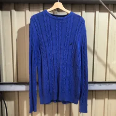 1712 NAUTICA セーター ブルー M ノーティカ ニット コットン ケーブル編み ワンポイント 刺繍ロゴ 古着卸 アメリカ仕入