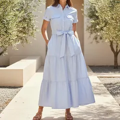 美品　近年モデル　現行　ポロラルフローレン　POLO RALPH LAUREN　ロング　シャツ　ワンピース　ティアード　フレア　コットン　ブロードクロス　シャツドレス　Aライン　ベルト付き　半袖　美シルエット　ライトブルー　水色　0　S