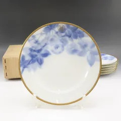 【OKURA】大倉陶園 1919年ラベル 戦前マロン印 特注品 【 久世鷹の羽紋 】 ブルーローズ 岡染め 皿 6客 陶磁器 _ 食器