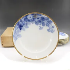 【OKURA】大倉陶園 1919年ラベル 戦前マロン印 特注品 【 久世鷹の羽紋 】 ブルーローズ 岡染め皿 6客 陶磁器 _ 食器
