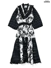 古着 ドット柄 ロング丈 長袖 ワンピース 黒 (otu2508093)