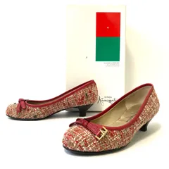 日本製◎ 歩きやすいヒール高さ！【GINZA kanematsu】銀座カネマツ アーモンドトゥ ツイード パンプス りぼん 可愛い 上品 パーティー ディナー 食事会 オフィス 入学式 卒業式 ママコーデ レッド系 レディース 22.0cm/M41910 UU