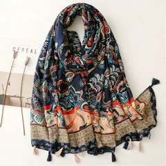 ストール スカーフ ボタニカル 花柄 手描き風 ネイビー 薄手 春 夏 大人可愛い タッセル プレゼント ギフト バレンタイン 母の日 新生活 お出かけ 軽い 付け心地 アクセント 贈り物 レディース ファッション オールシーズン