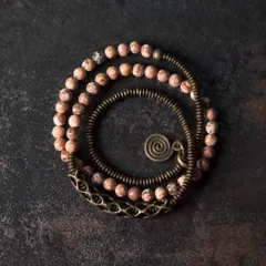 天然花紅石 3連ブレスレット｜マット天然石×真鍮 ハンドメイド レイヤード 重ね付け ユニセックス レディース メンズ ヴィンテージ調 小数派デザイン ギフト 一点もの ハンドメイド 手作り プレゼント おしゃれ 誕生日 ギフトにもおすすめ  SGYP266