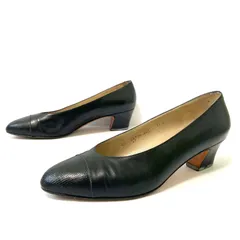 イタリア製◎ 高級感！【SALVATORE FERRAGAMO】サルヴァトーレフェラガモ アーモンドトゥ レザー パンプス ヒール リザード型押し オフィス フォーマル 上品 上質 ブラック レディース サイズ5 1/2 (23.5cm相当)/M41925UU