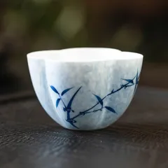 新品未使用 手作り墨竹四弁カップ 陶器湯呑み オーナーカップ 家庭用来客用お茶器 湯呑み