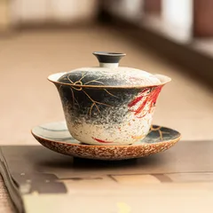 新品未使用 工場直売 染付け燧石三才蓋碗 手描き金彩蓮の韻 泡だて碗 陶器製お茶器 湯呑み