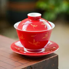 新品未使用 秋水花柄陶器三才蓋碗 個人用高級泡だて碗 耐熱湯呑み 家庭用お茶器