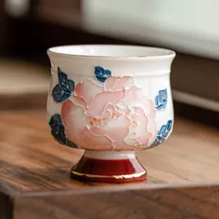 新品未使用 手作り金彩牡丹高台カップ オーナーカップ 陶器湯呑み 中国風お茶器