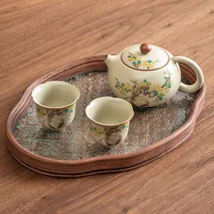 新品未使用 汝磁黄花萌猫西施急須 家庭用泡だて器 陶器製お茶器 耐熱 一急須一カップセット