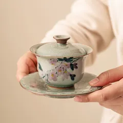 新品未使用 氷片釉手作り三才蓋碗 お茶器 湯呑み 陶器耐熱茶碗 家庭用泡だて器