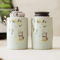 新品未使用 桂花 小さな猫 逸品 茶筒 草木灰 陶磁器 密閉缶 精品 高級 小型 ポータブル 茶缶 空缶