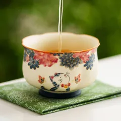 新品未使用 岩石釉白陶器お茶器 蝶と花萌猫オーナーカップ 高級個人用お茶器 お茶器