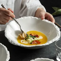 新品未使用 岩石釉尖角碗 白色陶器丼碗?麺碗 特色ホテル用食器 高級感ある食器 サラダ碗 大型