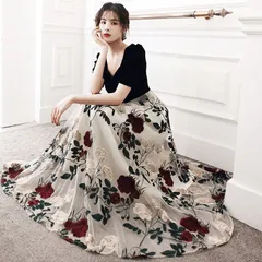 ドレス 黒 ベロア ベルベット 刺繍 花柄 オシャレ ドッキング チュール ロングドレス ワイン赤 パフスリーブ 発表会ドレス パーティードレ