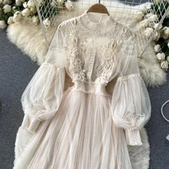 パーティードレス ミモレ丈 袖あり 全6色 結婚式 ワンピース レースワンピース 二次会 バルーン袖 演奏会 発表会 シースルー 20代 30代 40